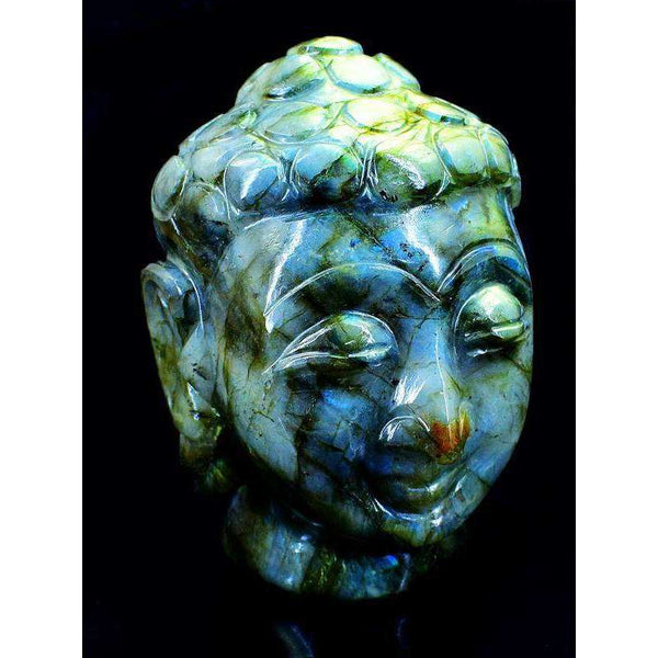 gemsmore:Green Flash Labradorite Carved Lord Buddha Head Idol