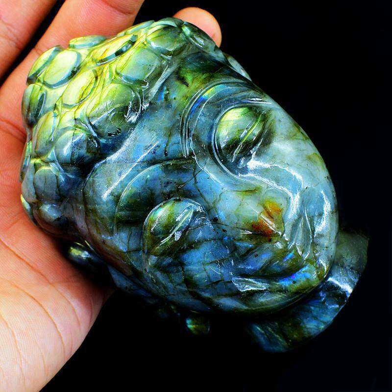 gemsmore:Green Flash Labradorite Carved Lord Buddha Head Idol