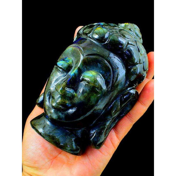gemsmore:Green FLash Labradorite Gemstone Carved Lord Buddha Head Idol Statute