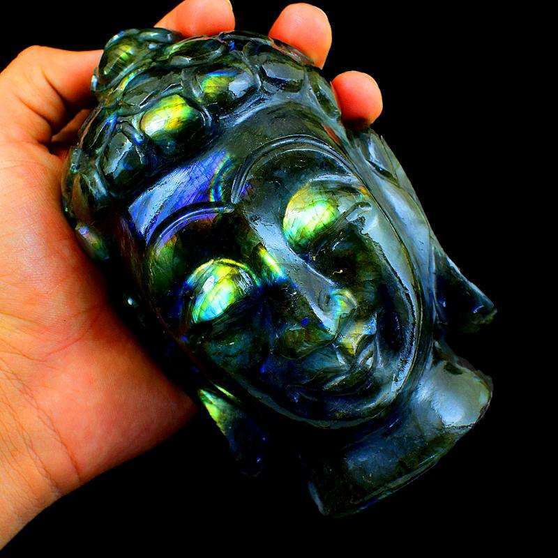 gemsmore:Green FLash Labradorite Gemstone Carved Lord Buddha Head Idol Statute