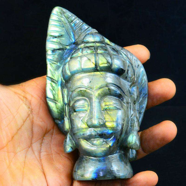 gemsmore:Green Flash Labradorite Hand Carved Buddha Head