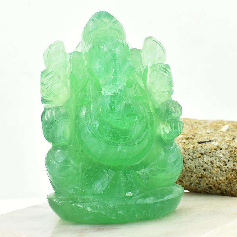gemsmore:Green Fluorite Artisian Hand Carved Lord Ganesha Idol
