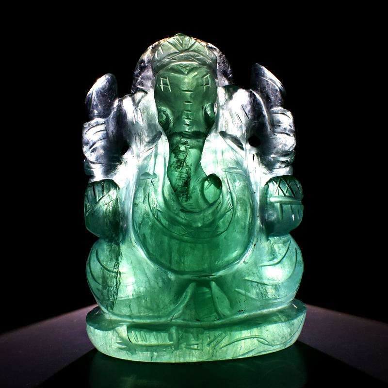 gemsmore:Green Fluorite Artisian Hand Carved Lord Ganesha Idol