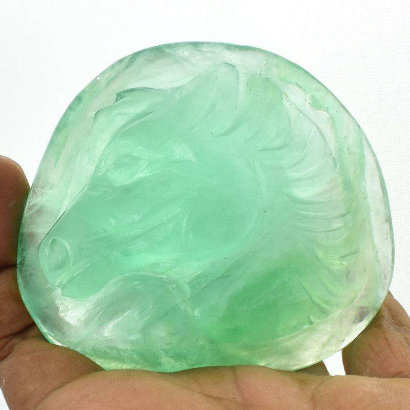 gemsmore:Green Fluorite Carved Horse Head Engraved Gem