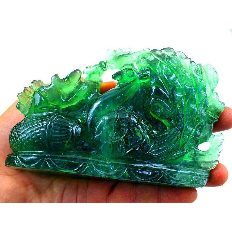 gemsmore:Green Fluorite Gemstone Carved Lord Ganesha Idol Statute with Peacock Back