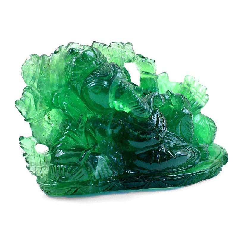 gemsmore:Green Fluorite Gemstone Carved Lord Ganesha Idol Statute with Peacock Back