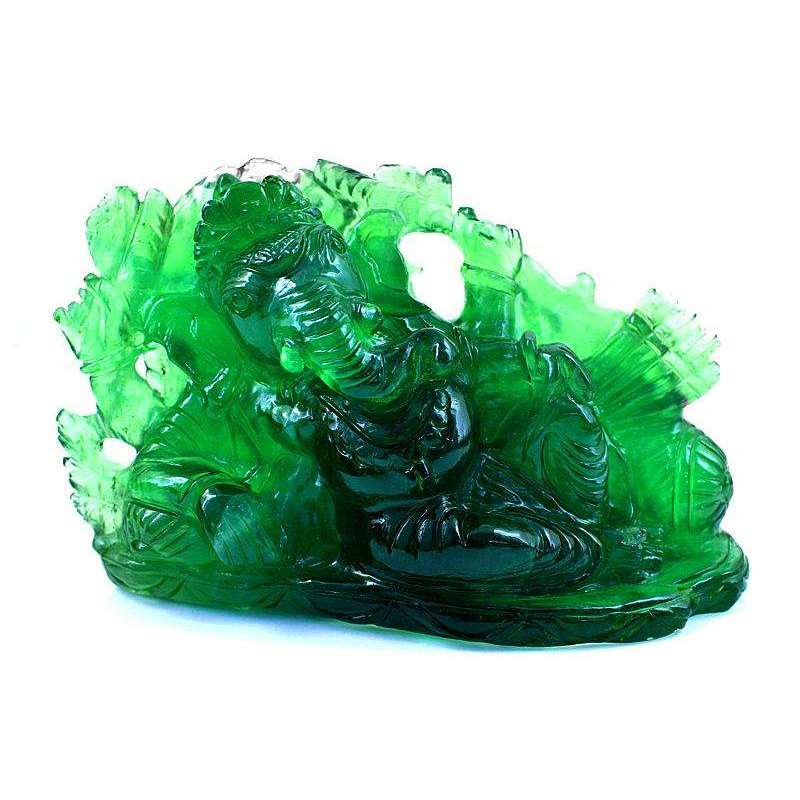 gemsmore:Green Fluorite Gemstone Carved Lord Ganesha Idol Statute with Peacock Back