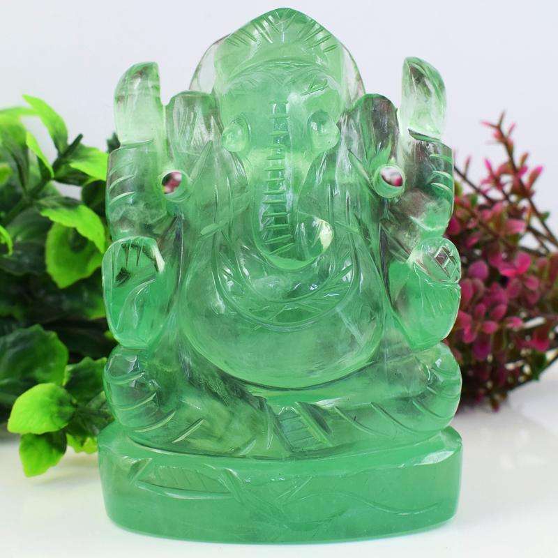 gemsmore:Green Fluorite Hand Carved Lord Ganesha Idol