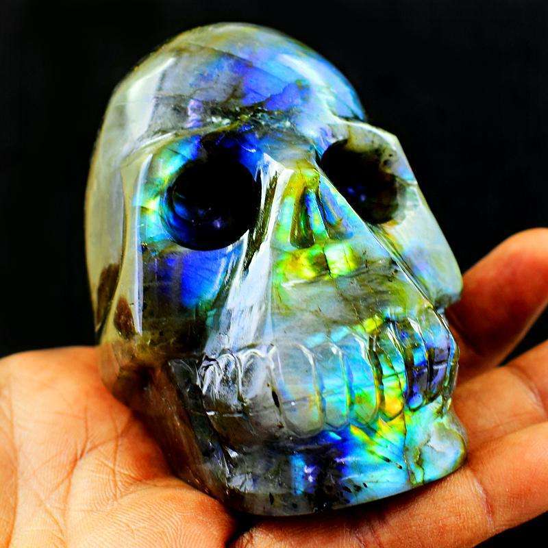 gemsmore:Green , Golden & Blue Flash Labradorite Hand Carved Skull