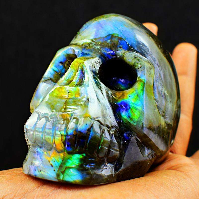 gemsmore:Green , Golden & Blue Flash Labradorite Hand Carved Skull