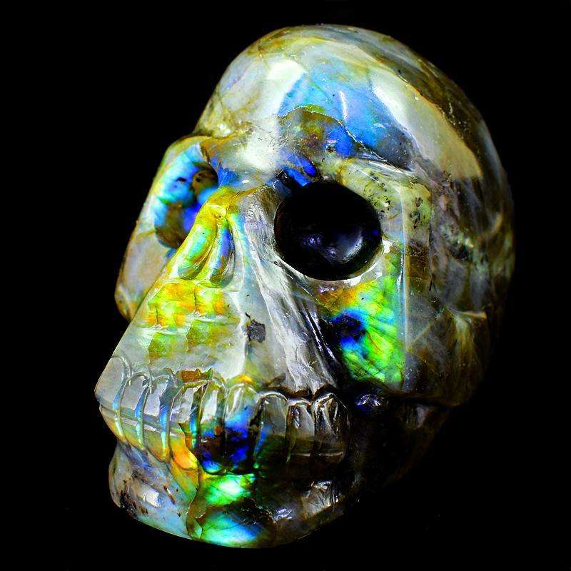 gemsmore:Green , Golden & Blue Flash Labradorite Hand Carved Skull