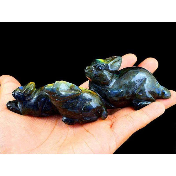 gemsmore:Green & Golden Flash Labradorite Carved Bunny Family