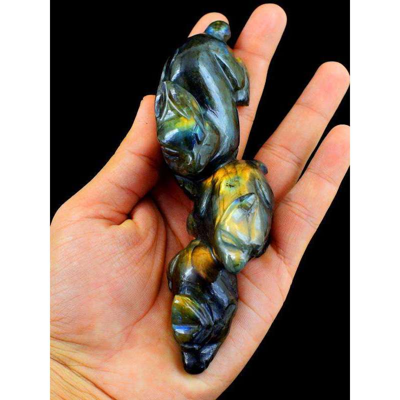 gemsmore:Green & Golden Flash Labradorite Carved Bunny Family