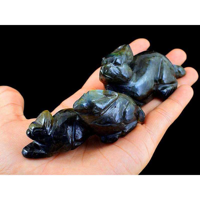 gemsmore:Green & Golden Flash Labradorite Carved Bunny Family