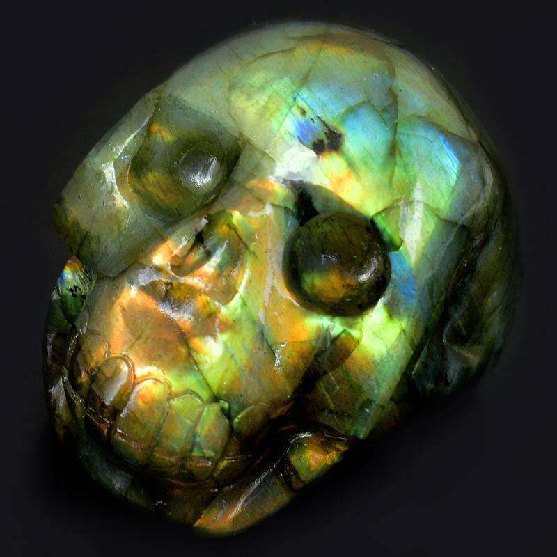 gemsmore:Green & Golden Flash Labradorite Carved Skull