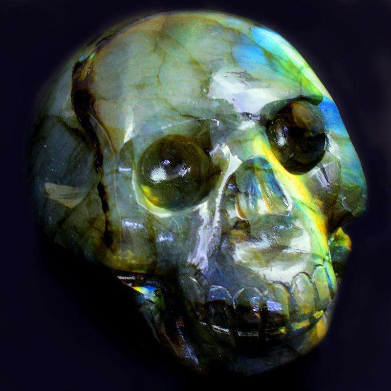 gemsmore:Green & Golden Flash Labradorite Carved Skull