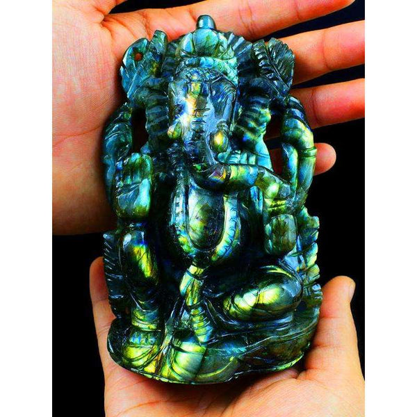 gemsmore:Green & Golden Flash Labradorite Gemstone Carved Lord Ganesha Idol