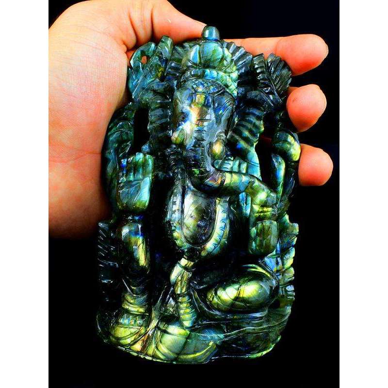 gemsmore:Green & Golden Flash Labradorite Gemstone Carved Lord Ganesha Idol