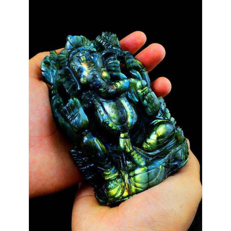 gemsmore:Green & Golden Flash Labradorite Gemstone Carved Lord Ganesha Idol