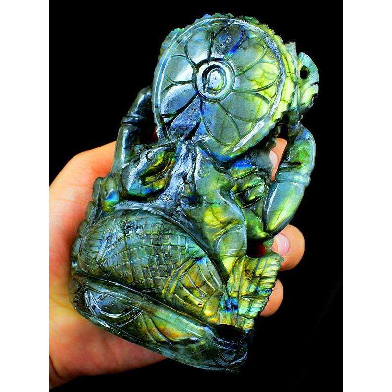 gemsmore:Green & Golden Flash Labradorite Gemstone Carved Lord Ganesha Idol