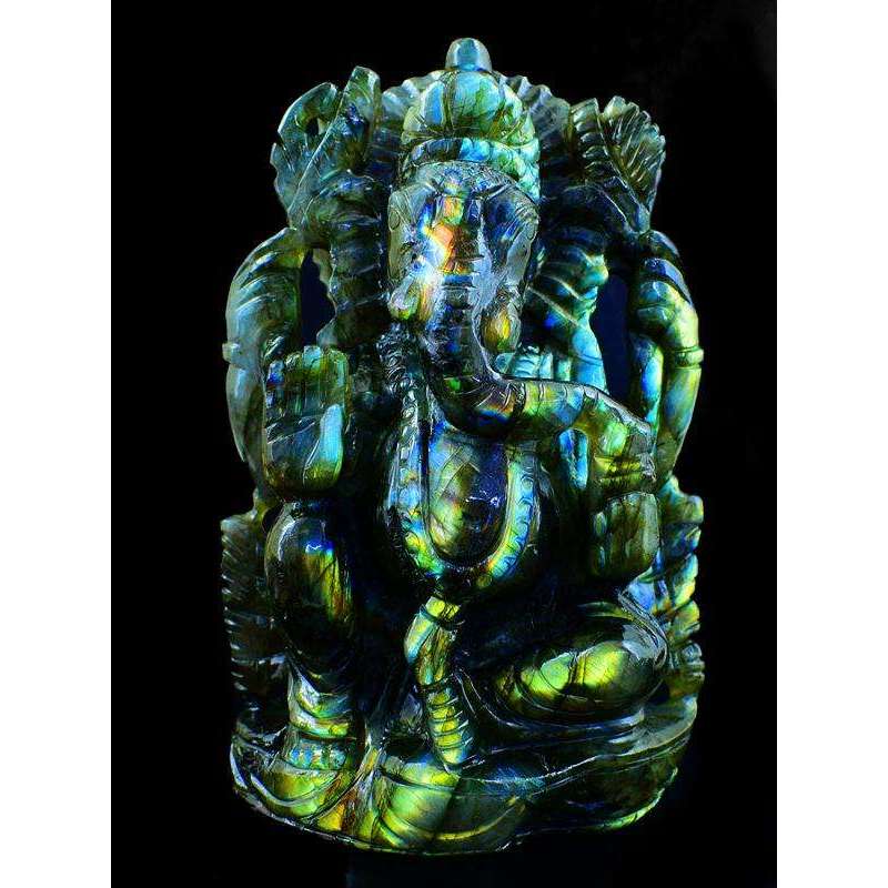 gemsmore:Green & Golden Flash Labradorite Gemstone Carved Lord Ganesha Idol