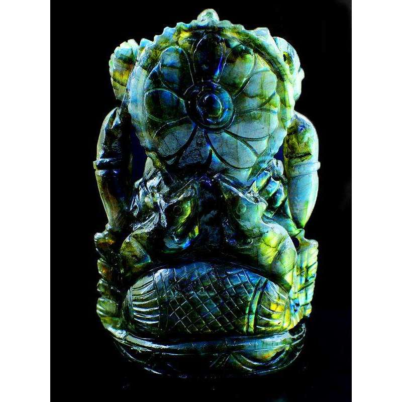 gemsmore:Green & Golden Flash Labradorite Gemstone Carved Lord Ganesha Idol