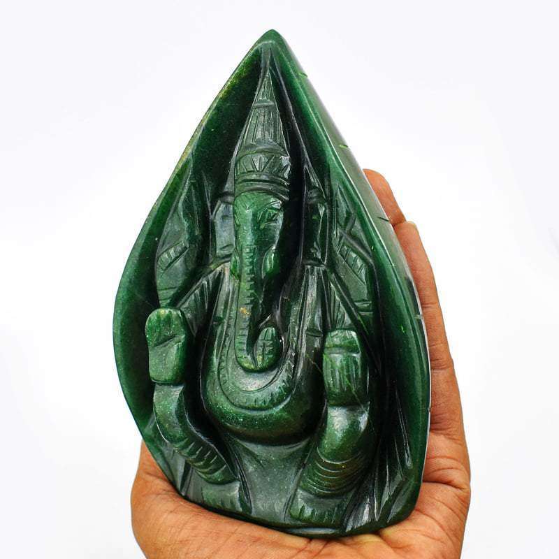 gemsmore:Green Jade Carved Ganesha - Palm Leaf Style Carving - Unique