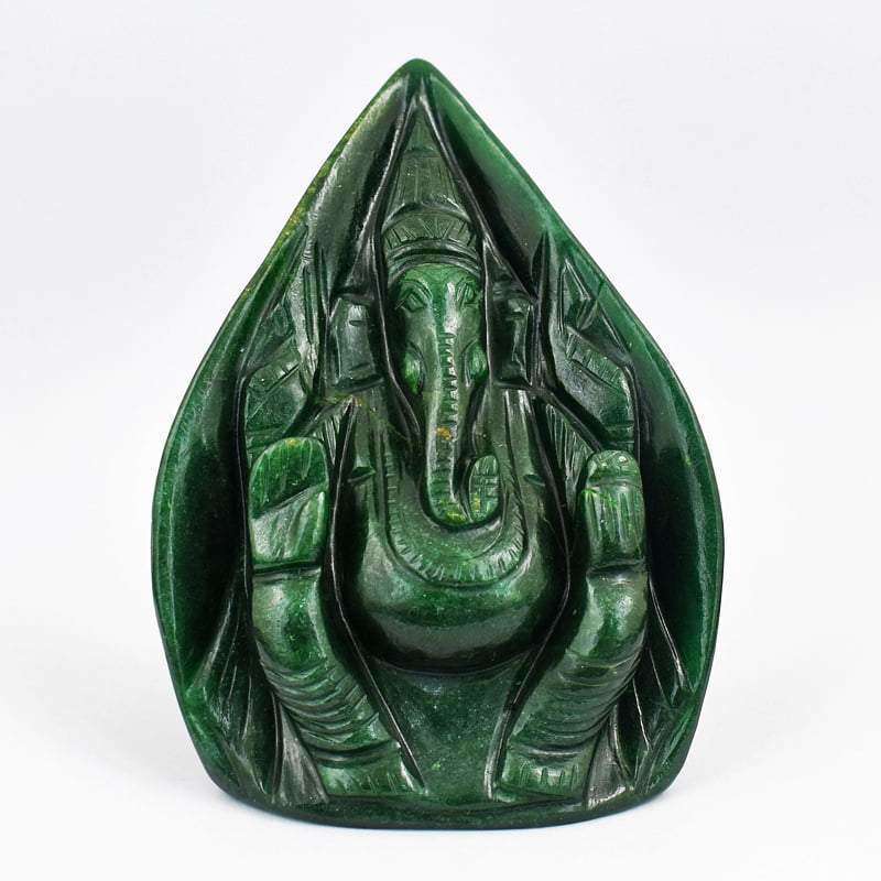 gemsmore:Green Jade Carved Ganesha - Palm Leaf Style Carving - Unique