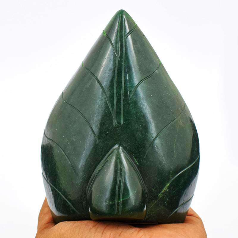 gemsmore:Green Jade Carved Ganesha - Palm Leaf Style Carving - Unique