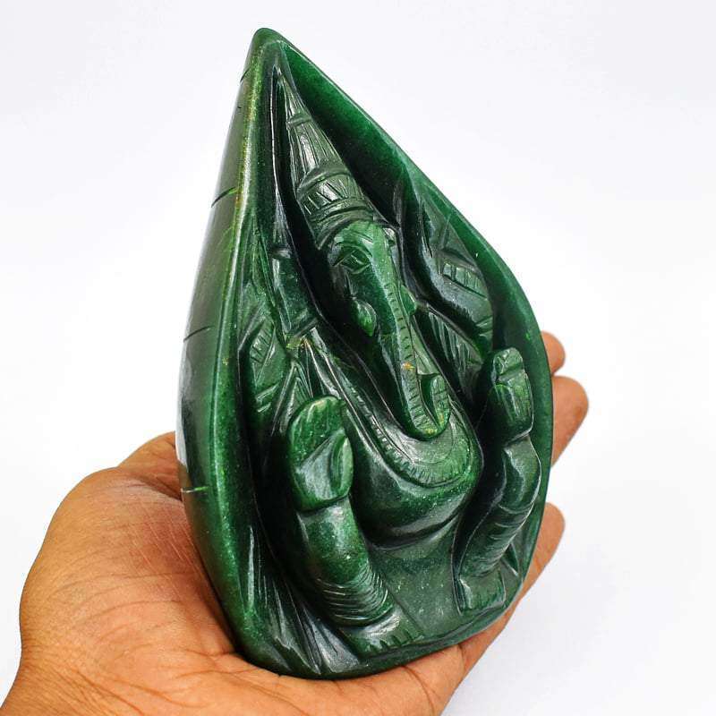 gemsmore:Green Jade Carved Ganesha - Palm Leaf Style Carving - Unique