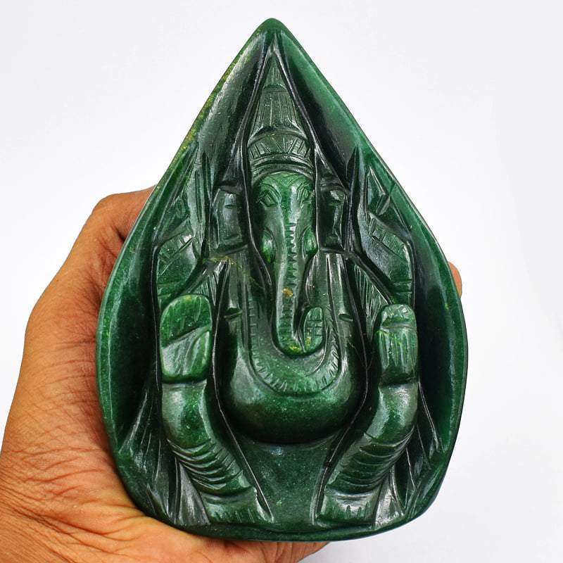 gemsmore:Green Jade Carved Ganesha - Palm Leaf Style Carving - Unique