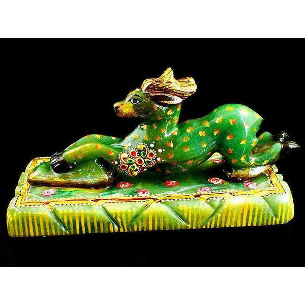 gemsmore:Green Jade Enamel Painted Hand Carved Gemstone Deer