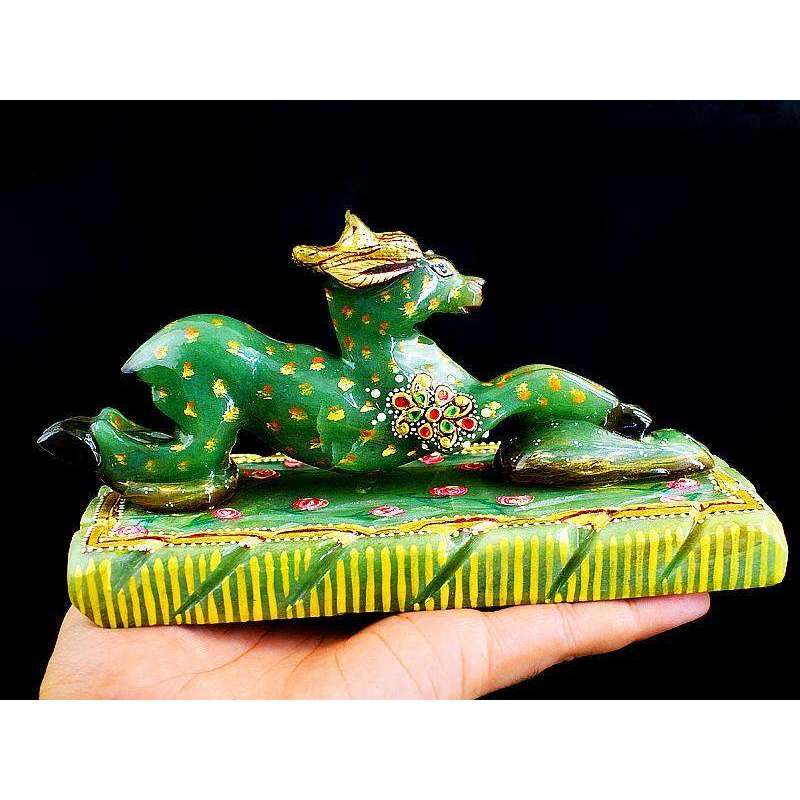 gemsmore:Green Jade Enamel Painted Hand Carved Gemstone Deer