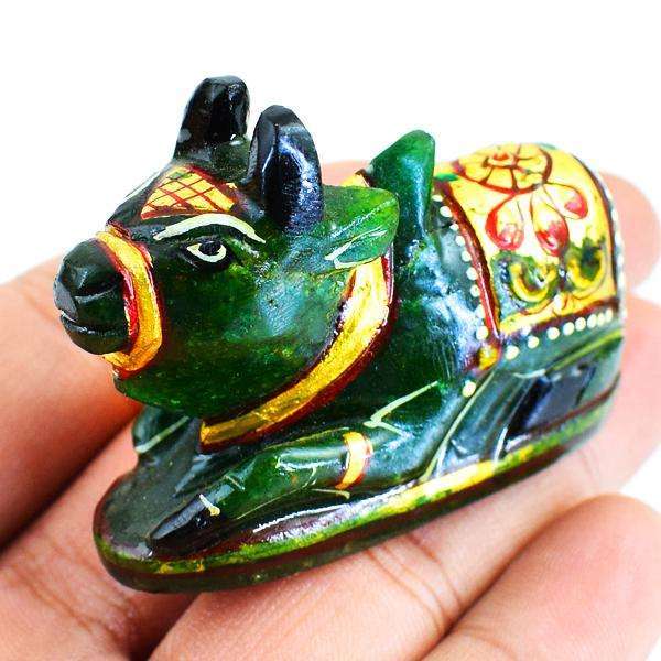 gemsmore:Green Jade Enamel Painted Hand Carved Nandi Cow