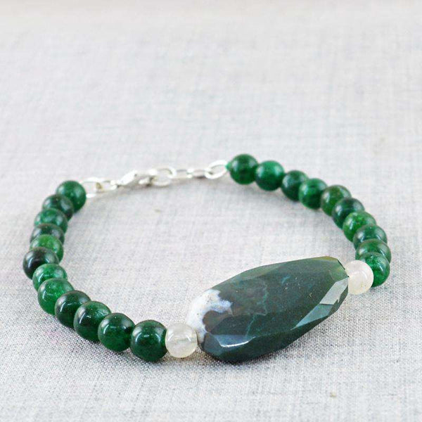 gemsmore:Green Jade & Green Moss Agate Bracelet Natural Round Shape Beads