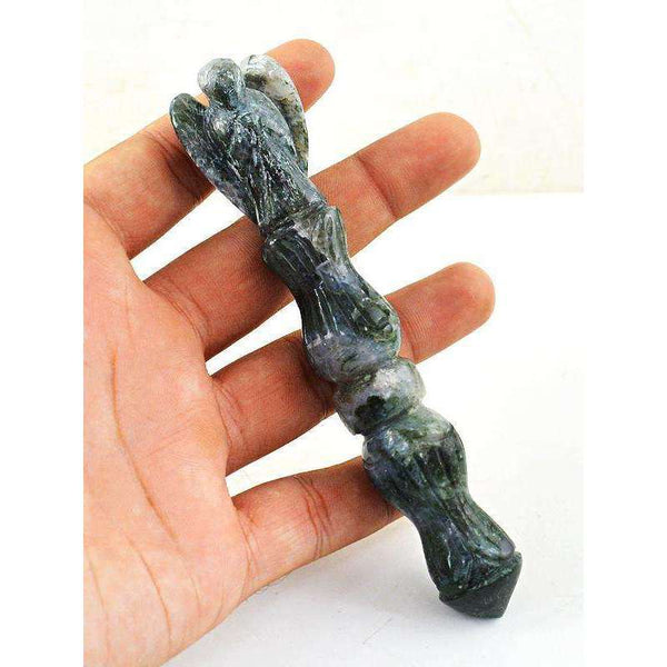 gemsmore:Green Moss Agate Hand Carved Healing Angel Point Stick