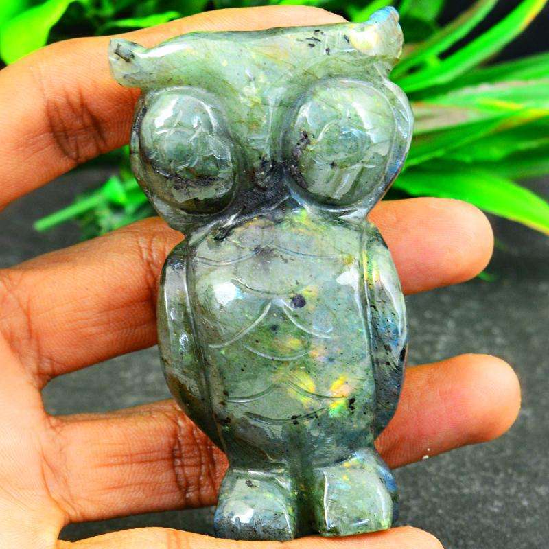 gemsmore:Hand Carved Amazing Flash Labardorite Gemstone Owl