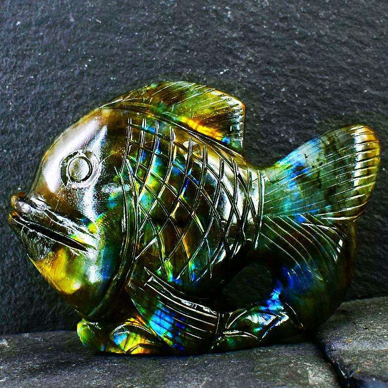 gemsmore:Hand Carved Amazing Flash Labradorite Carved Fish