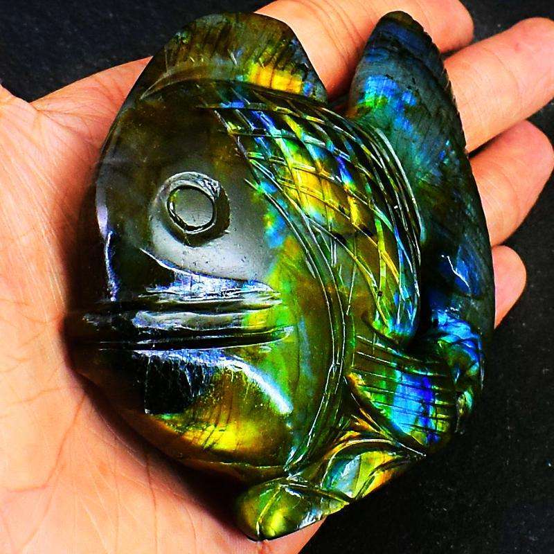 gemsmore:Hand Carved Amazing Flash Labradorite Carved Fish