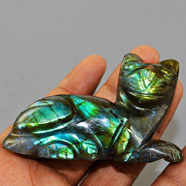 gemsmore:Hand Carved Amazing Flash Labradorite Cat Gemstone