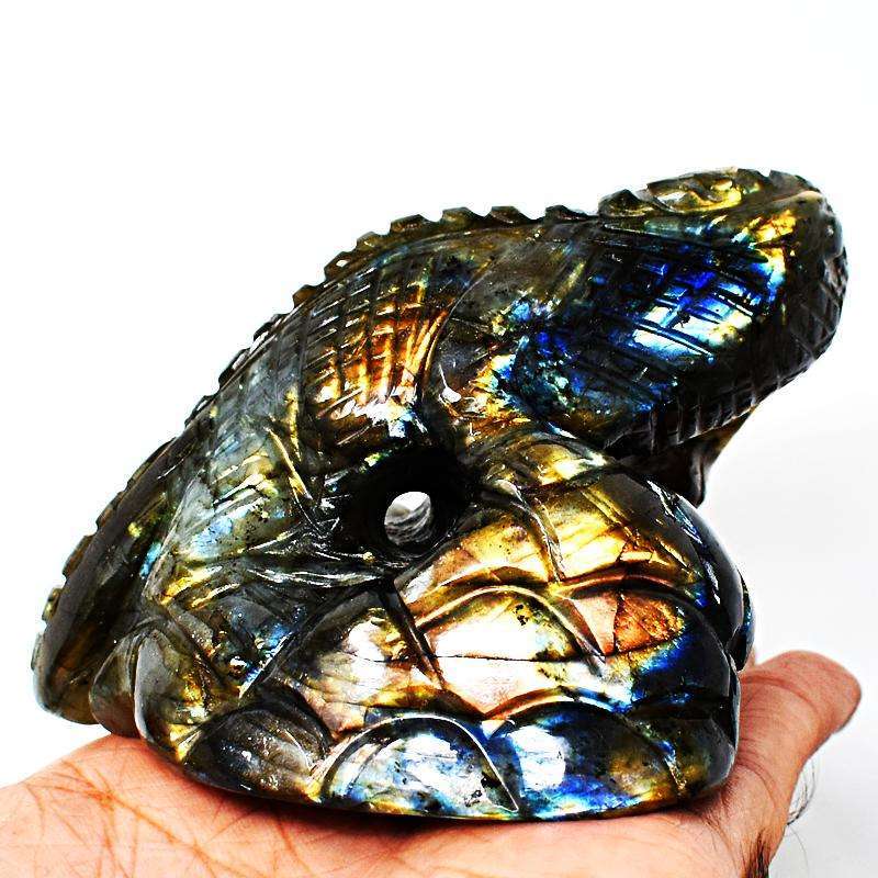 gemsmore:Hand Carved Amazing Flash Labradorite Chameleon On Rock