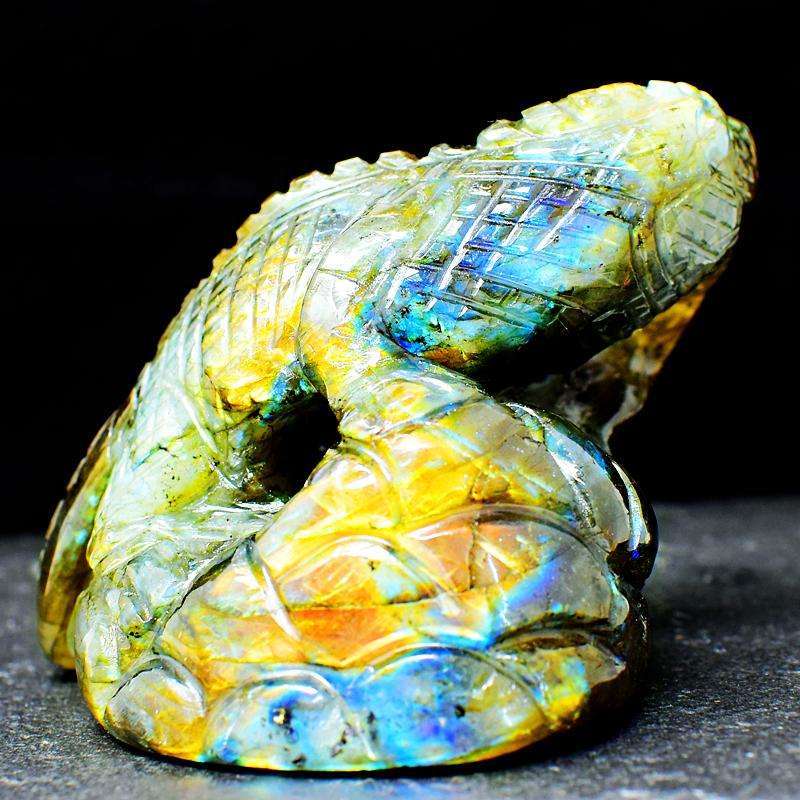 gemsmore:Hand Carved Amazing Flash Labradorite Chameleon On Rock