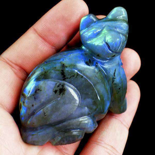 gemsmore:Hand Carved Blue Flash Labradorite Cat