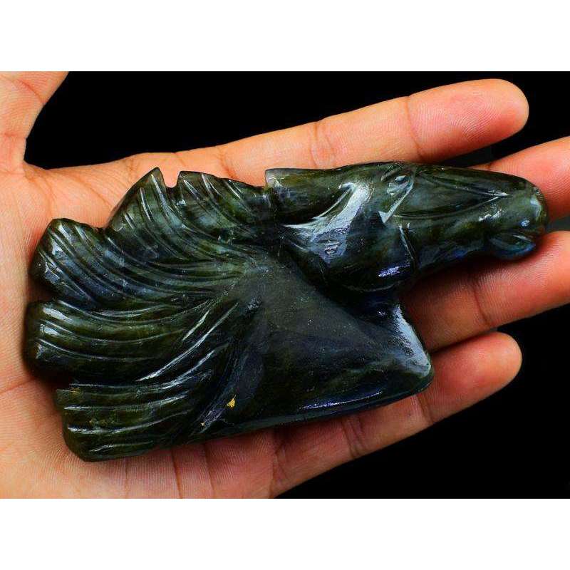 gemsmore:Hand Carved Blue Flash Labradorite Gemstone Horse Burst