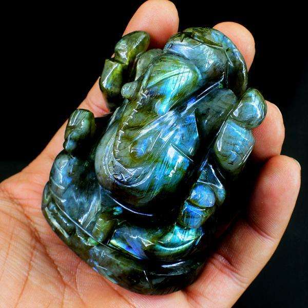 gemsmore:Hand Carved Blue Flash Labradorite Gemstone Lord Ganesha Idol