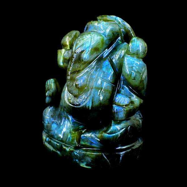 gemsmore:Hand Carved Blue Flash Labradorite Gemstone Lord Ganesha Idol