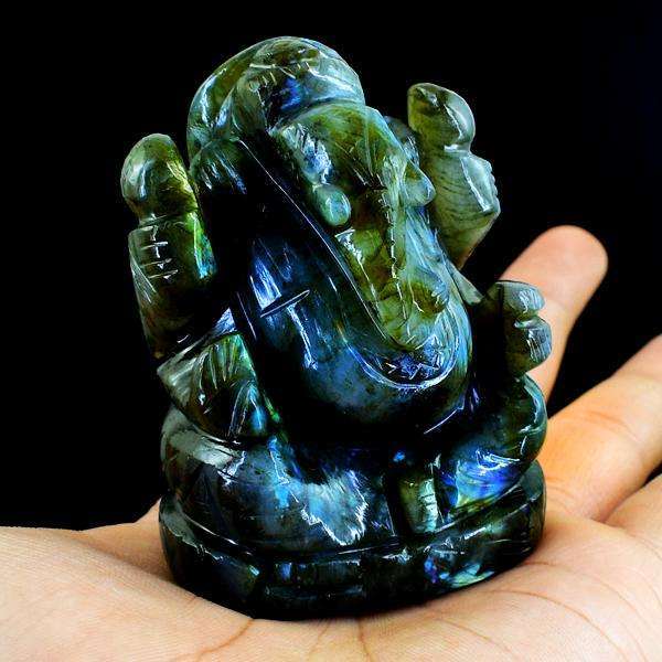 gemsmore:Hand Carved Blue Flash Labradorite Gemstone Lord Ganesha Idol