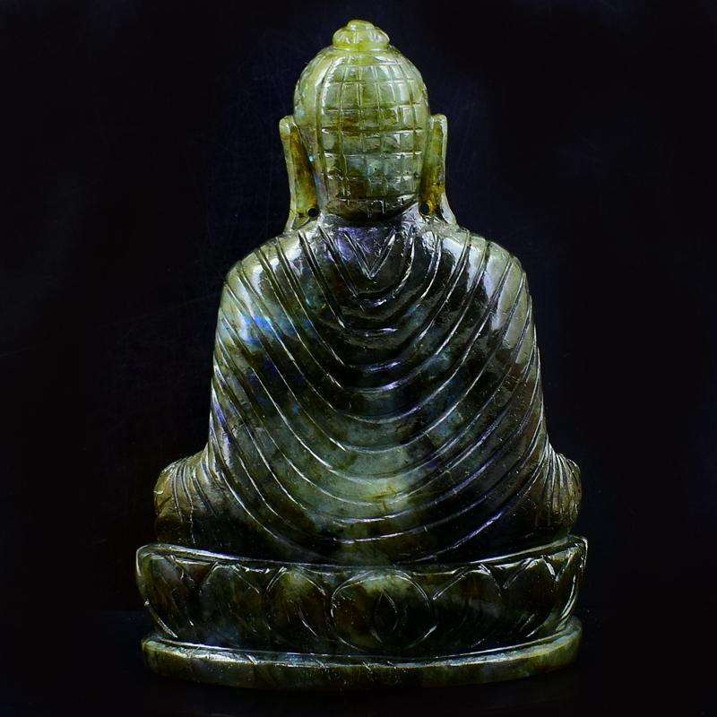gemsmore:Hand Carved Blue Flash Labradorite Lord Buddha Idol
