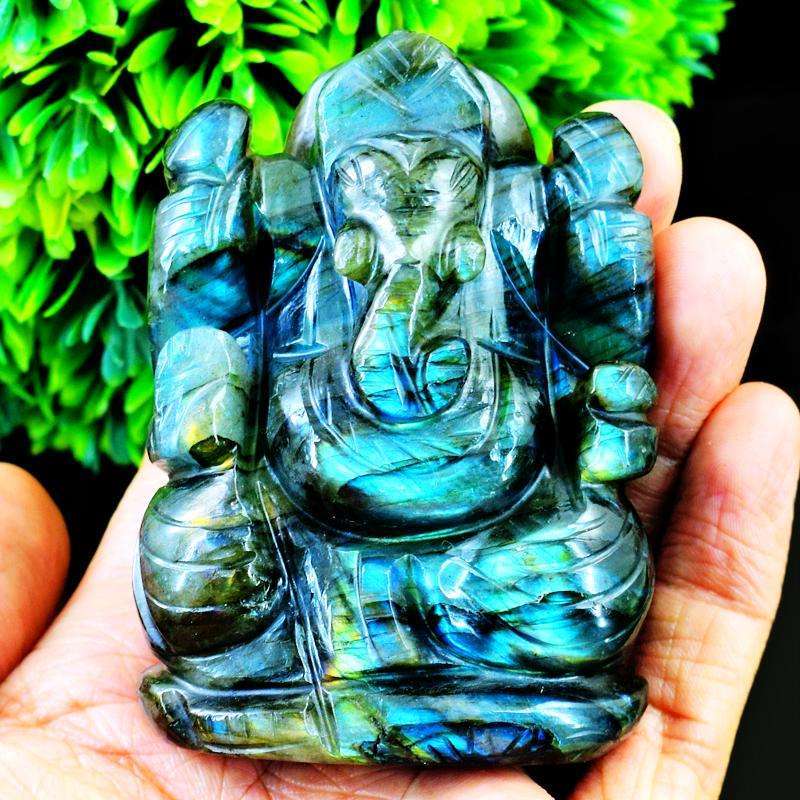 gemsmore:Hand Carved Blue Flash Labradorite Lord Ganesha Idol