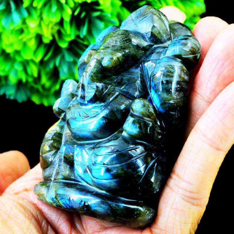 gemsmore:Hand Carved Blue Flash Labradorite Lord Ganesha Idol